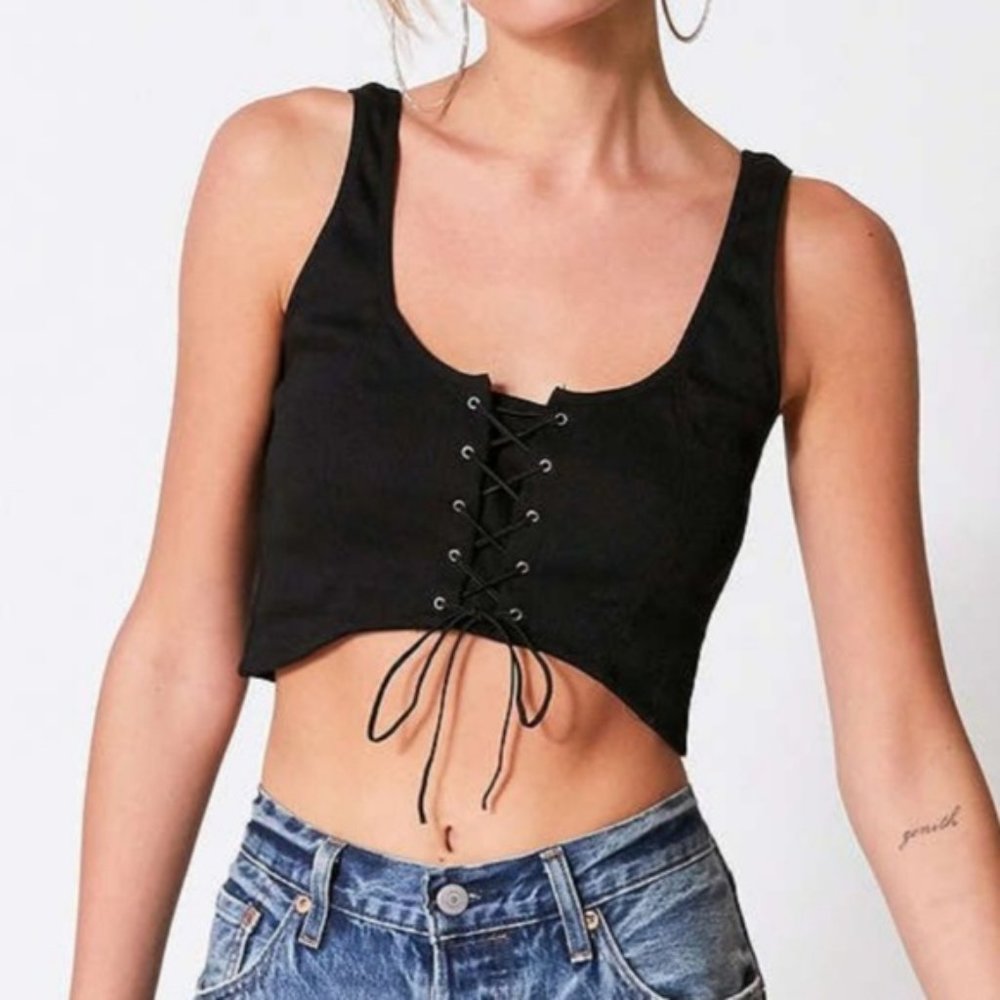 Silence + Noise Lace Up Ribbed Bustier Crop Top in Black Size XS